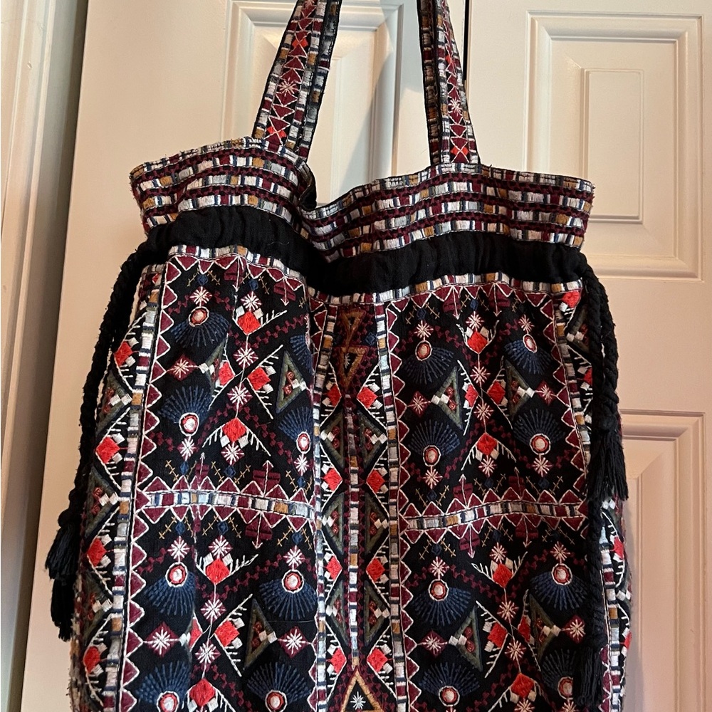 Johnny Was Black Embroidered Multicolor Tote with Tassels